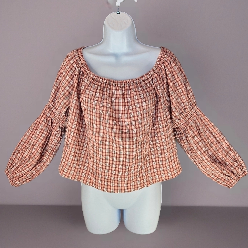 Topshop Womens Off Shoulder Top Sz 10 Seersucker Elastic Wrist-Arm Plaid Pink
